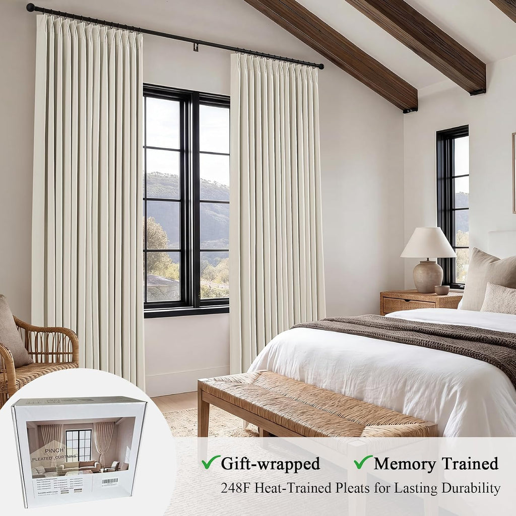 Pinch Pleated Blackout Curtains for Living Room Bedroom,100% Blackout Linen Textured Double Layer Drapes with Rings &