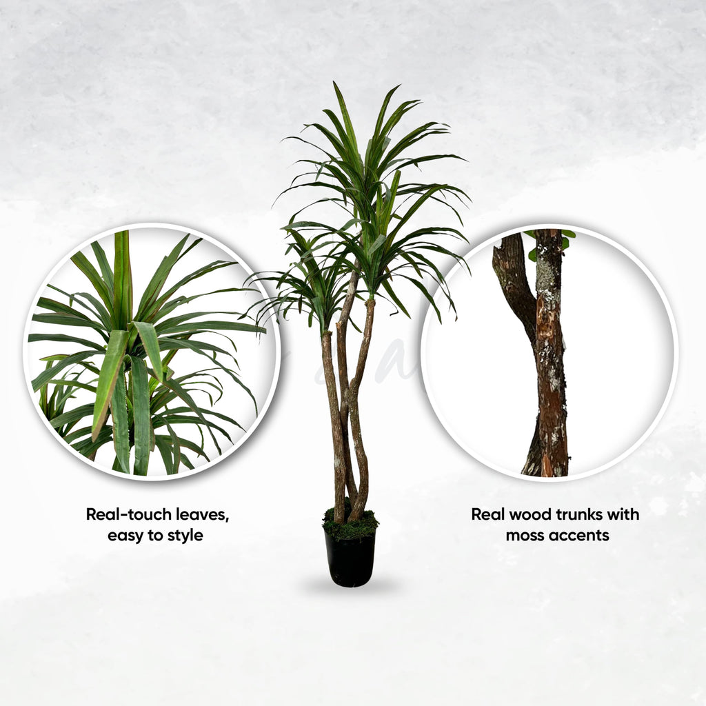 Handmade 5ft Artificial Yucca Plant | Tree with Real Wood Trunks, Hypoallergenic, 5 Foot, Green