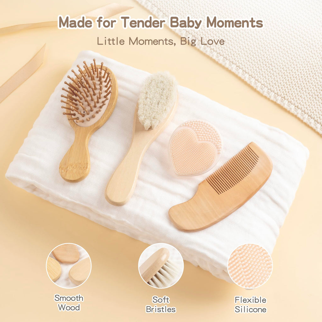 Newborn Baby Gift Set, Wooden Grooming Kit & Muslin Swaddle Blanket