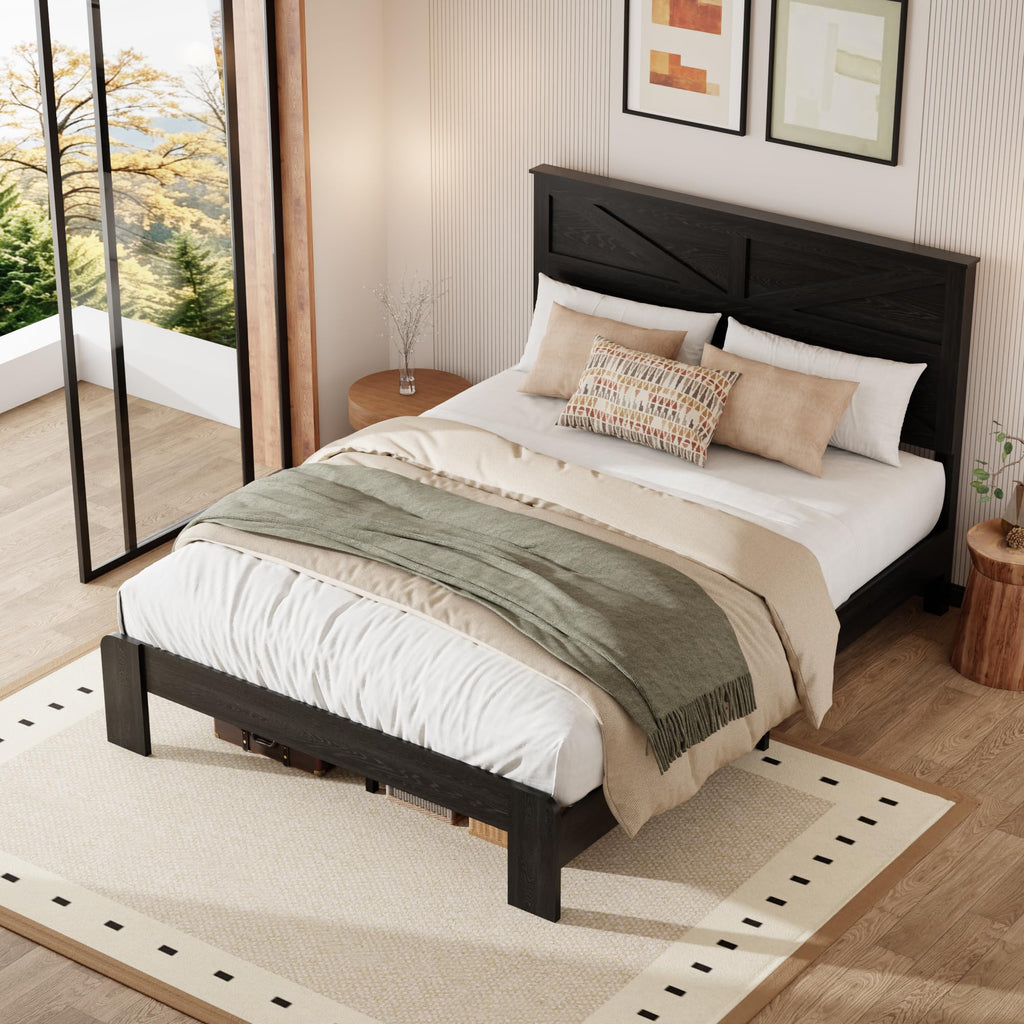 Farmhouse Wooden Bed Frame with Headboard, Black