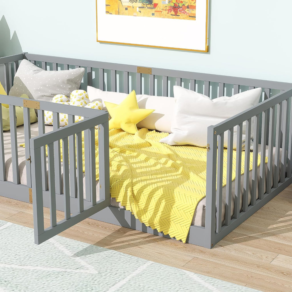 Twin Size Toddler Floor Bed with Door&High Rails, Grey