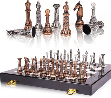 Retro Metal Chess Set for Adults and Kids - Marbling Chess Board with Chess Pieces - Travel Chess Set with Metal - Set of 32