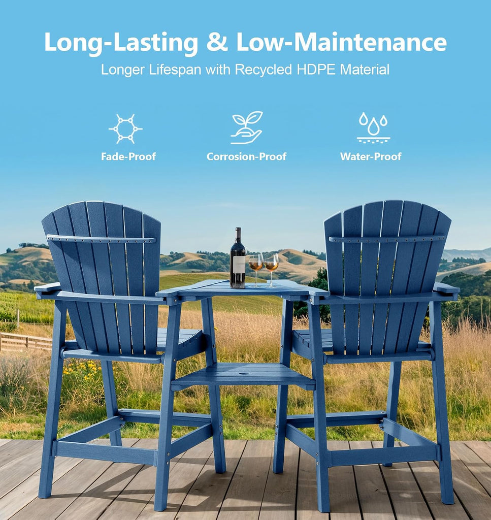 Tall Adirondack Chairs Set of 2, All-Weather HDPE Patio Chairs with Double Connecting Trays, Bar Height Heavy-Duty