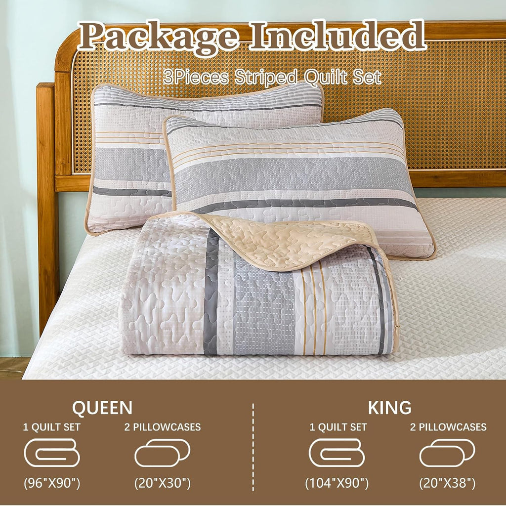King Quilts Khaki, 3 Pieces Grey Boho Striped Bedspread Bedding for King Bed, Soft Lightweight Microfiber Bohemian