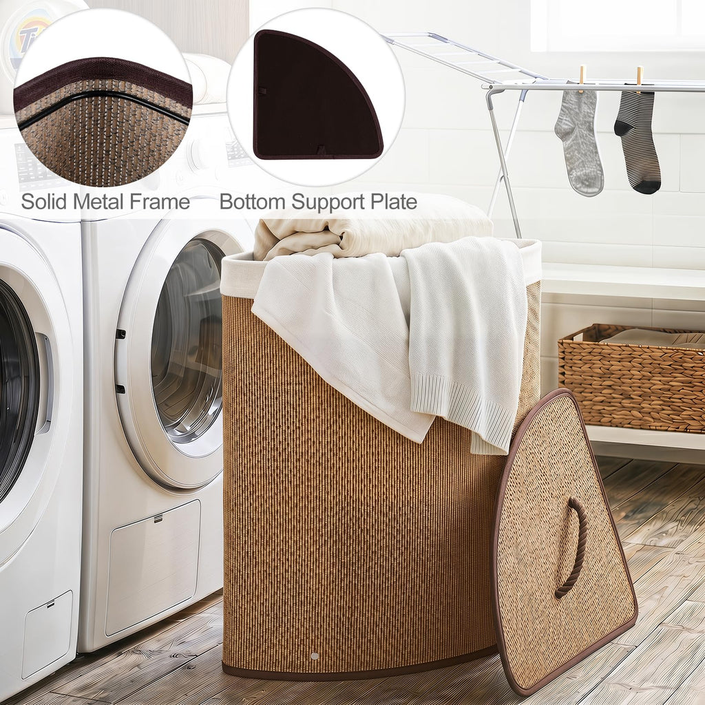 15 Gal Corner Laundry Hamper w/Lid, Removable Liner & Handle Khaki