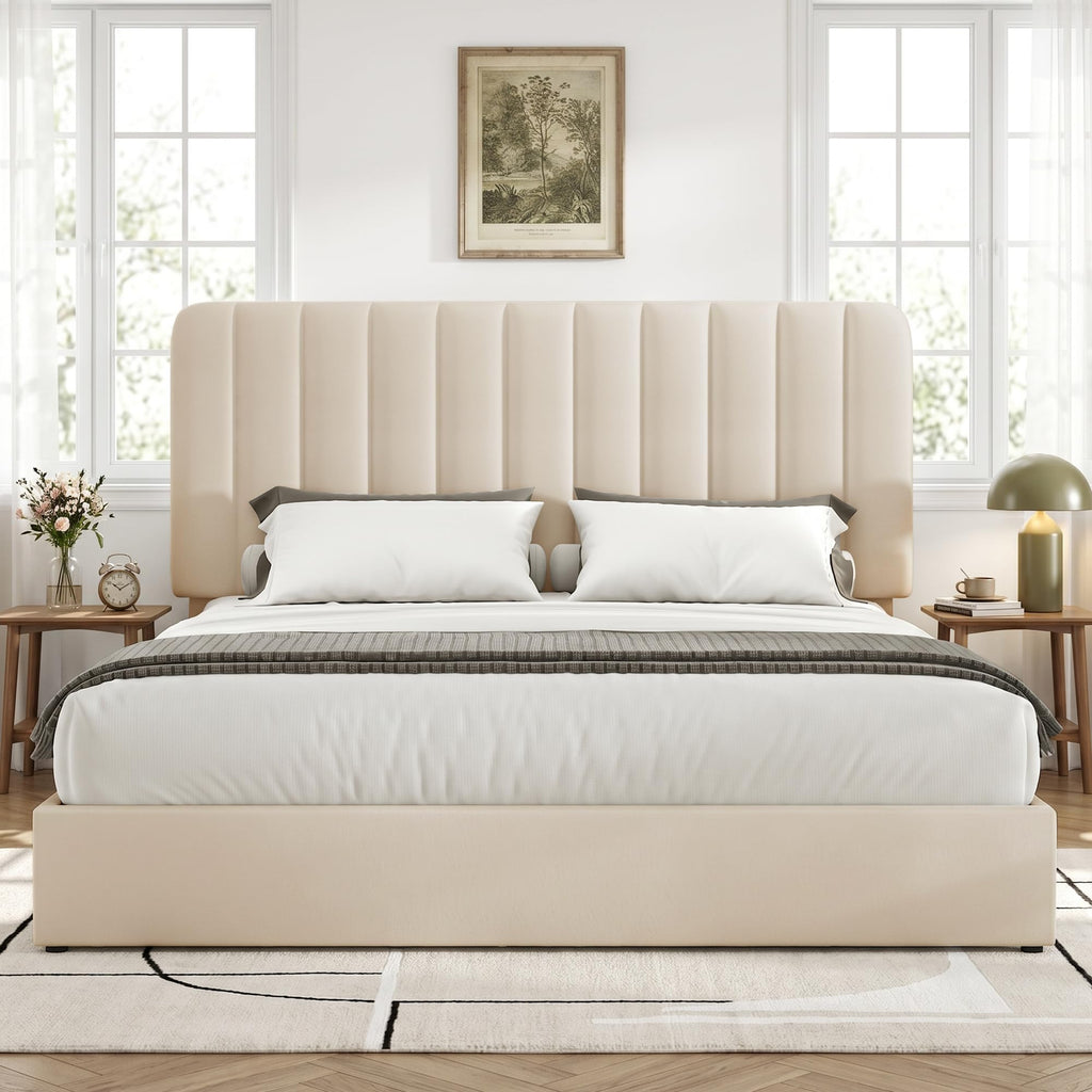 King Size Upholstered Bed Frame with 4 Drawers and Headboard, Velvet Platform Storage Bedframe, Wooden Slats Support