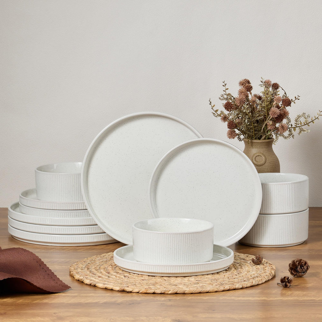 12-Piece Plates and Bowls Sets, Stoneware Dinnerware Dishes Set for 4