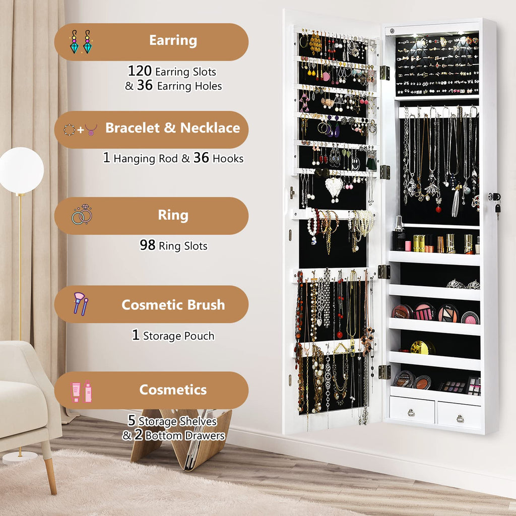 Wall Mounted Jewelry Armoire with Full Length Mirror & 2 LED Lights, Large Storage Capacity, Lockable Mirror Jewelry