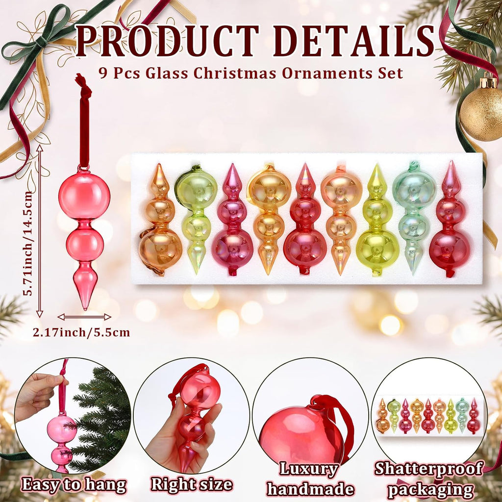 9 Pcs Hand Blown Glass Finial Christmas Ornaments, Iridescent