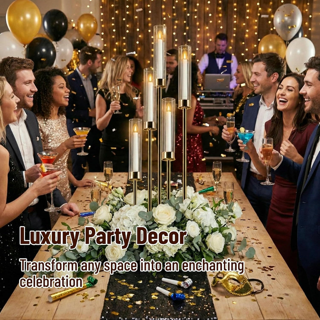 Candelabra Gold Centerpiece 5 Arms Taper Candle Holder Gold Centerpiece with Acrylic Tubes for Table Decoration