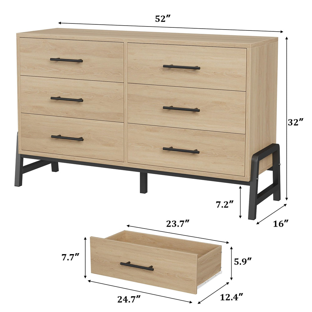 6 Dresser, 52 in Wide Drawer with Large Storage Space, Freestanding Wooden Closet Storage Dresser Chest, Natural Oak