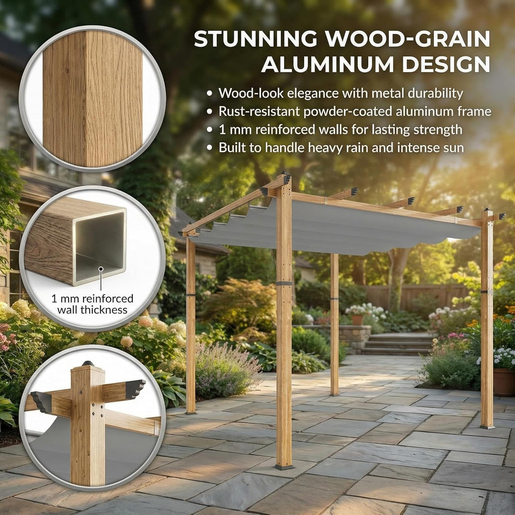 Outdoor Pergola 10x10 ft, Wood-Grain Aluminum Patio Pergola with Retractable Canopy for Backyard, Deck, Porch