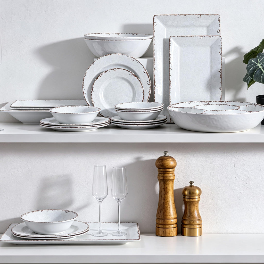18-Piece Rustic Farmhouse Melamine Dinnerware Sets for Indoor Outdoor Use