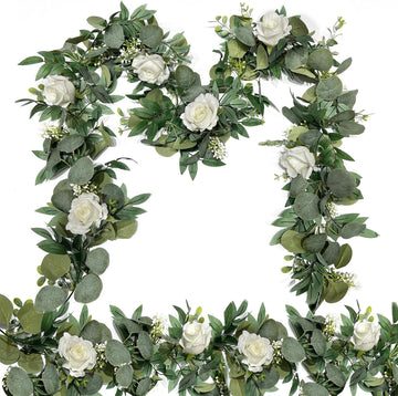 Artificial Spring Eucalyptus Flower Garland with White Roses, 13Ft Fake Flower Greenery Floral Green Garland - Set of 2