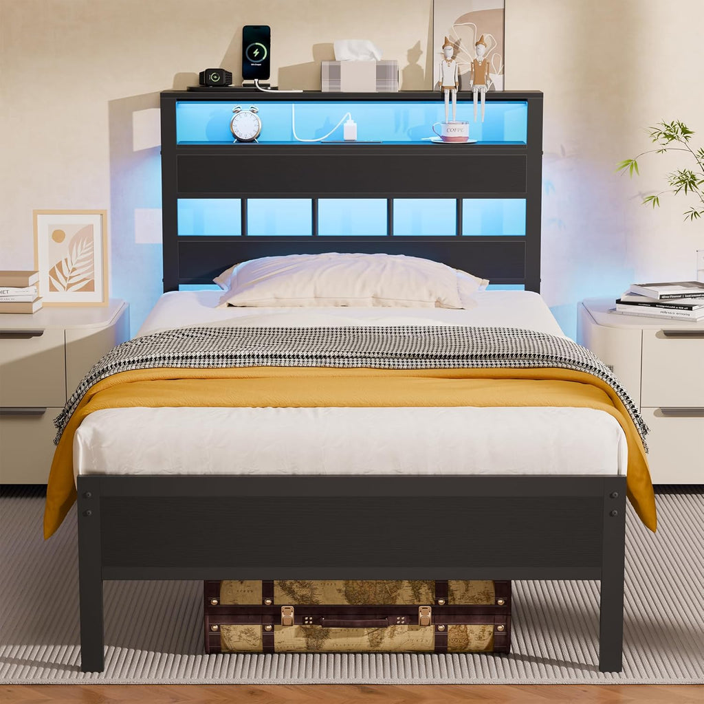 Twin Bed Frames with Charging Station and LED Lights, Twin Platform Bed with Metal Slats