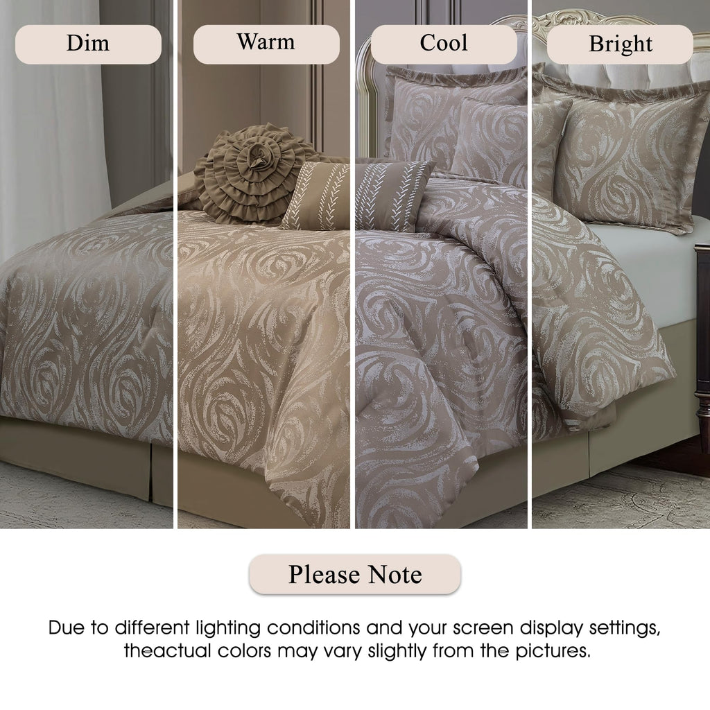 Taupe Comforter Set, 7 Pieces Jacquard Bedding Set, Floral Design, All Season, Matching Bedskirt, Pillows &