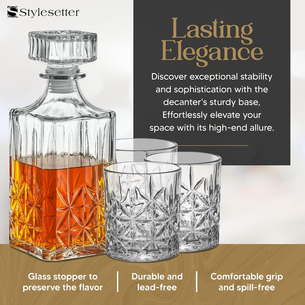 Whiskey Decanter Set with Glasses - Prestigious Whiskey Set with 25oz Liquor Decanter and 6 Glasses - Upscale Whisky - Set of 7