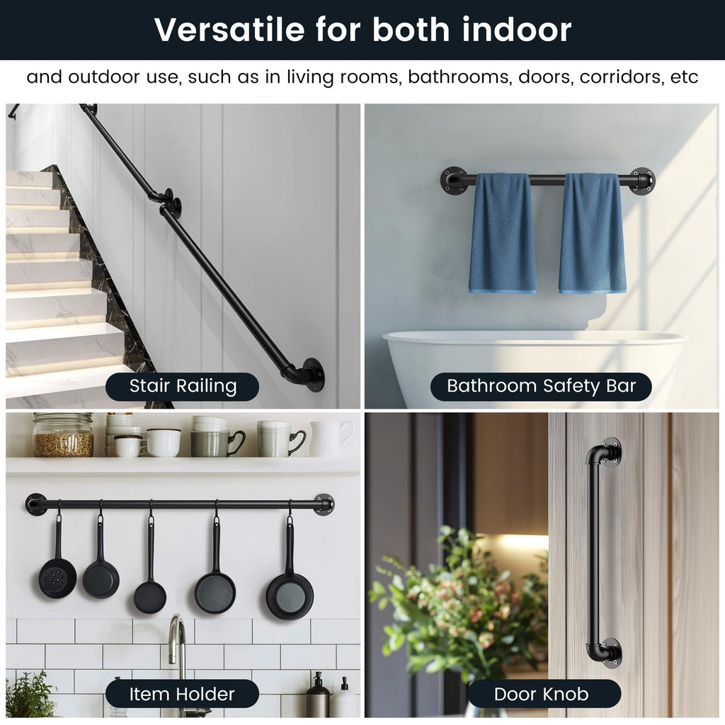 Industrial Pipe Stair Handrail, Wall-Mounted Metal Hand Rail for Indoor & Outdoor Steps, Black Galvanized Iron