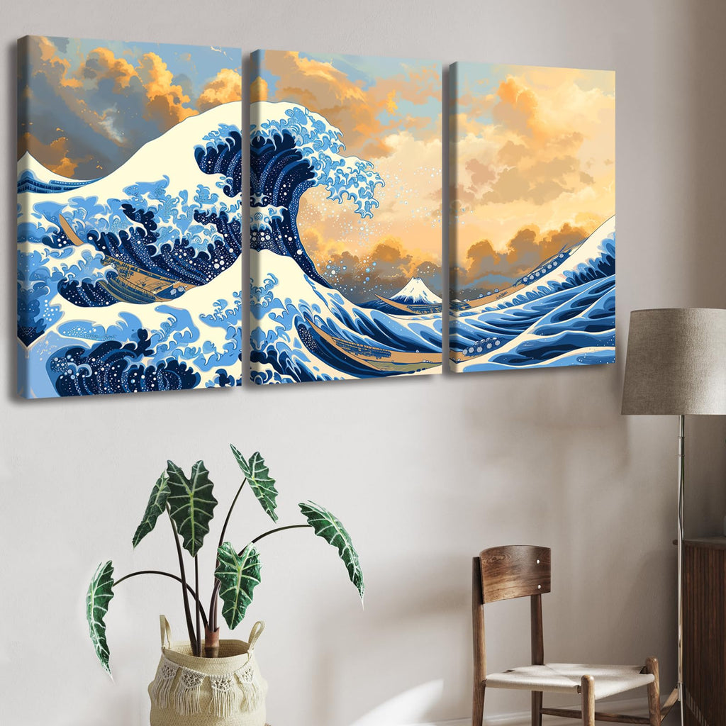 3Pc Great Wave Off Kanagawa Framed Canvas Wall Art, 12x16in