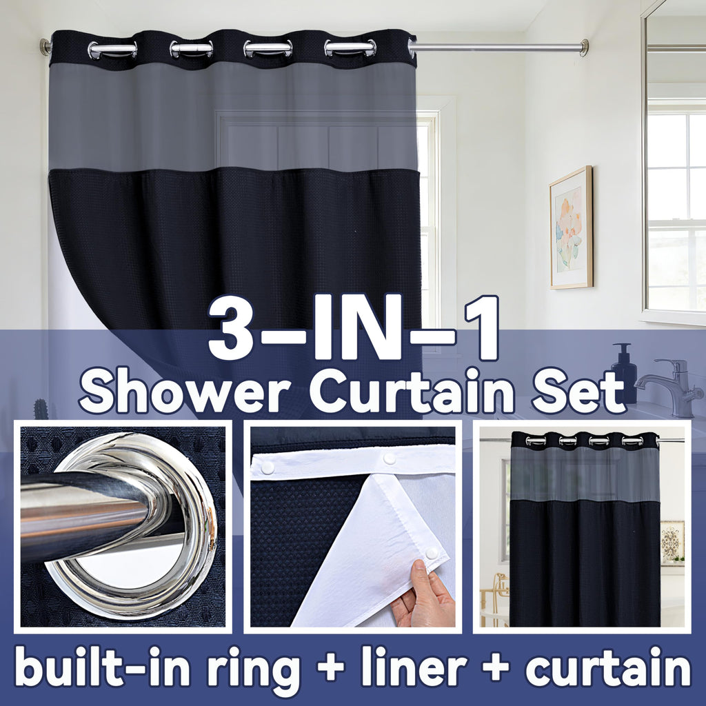 Extra Long No Hook Waffle Weave Shower Curtain with Snap in Liner Set, Hotel Luxury Black Shower Curtains with See