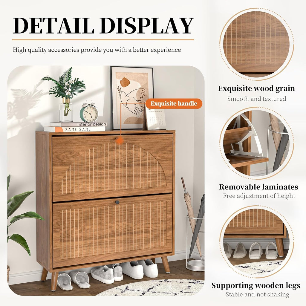 Shoe Storage Cabinet with 2 Flip Drawers, Narrow Wood Shoe Cabinet with Fluted Panel, Freestanding Hidden Shoe