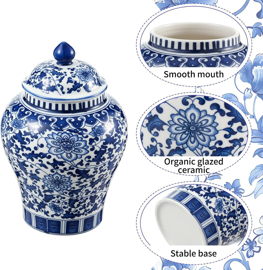 Blue and White Ginger Jar with Lid, 7.87 Inch Ceramic Chinoiserie Ginger Jar, Decorative Porcelain Ginger Vase