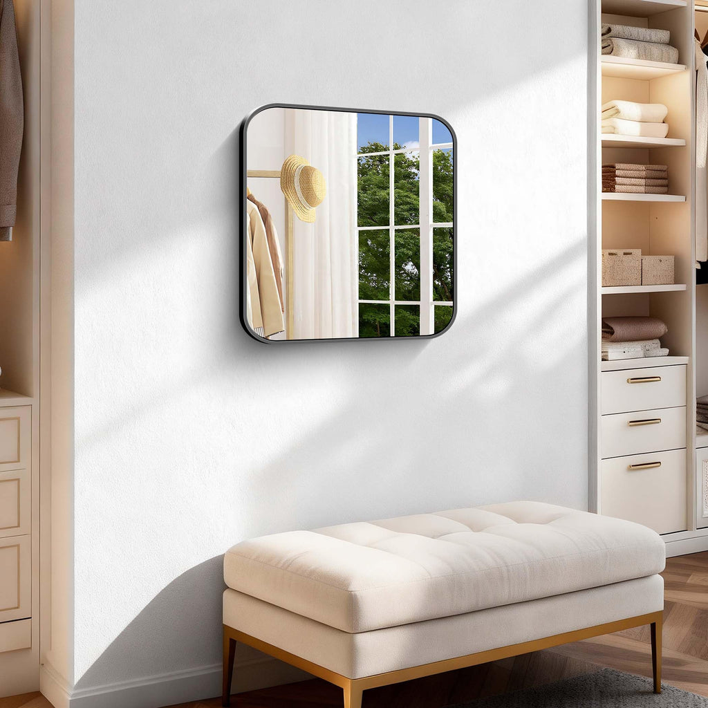 Black Bathroom Mirror, 18 x 18 inch Square Mirrors for Wall, Metal Frame Rounded Corner Vanity Mirror for Over Sinks