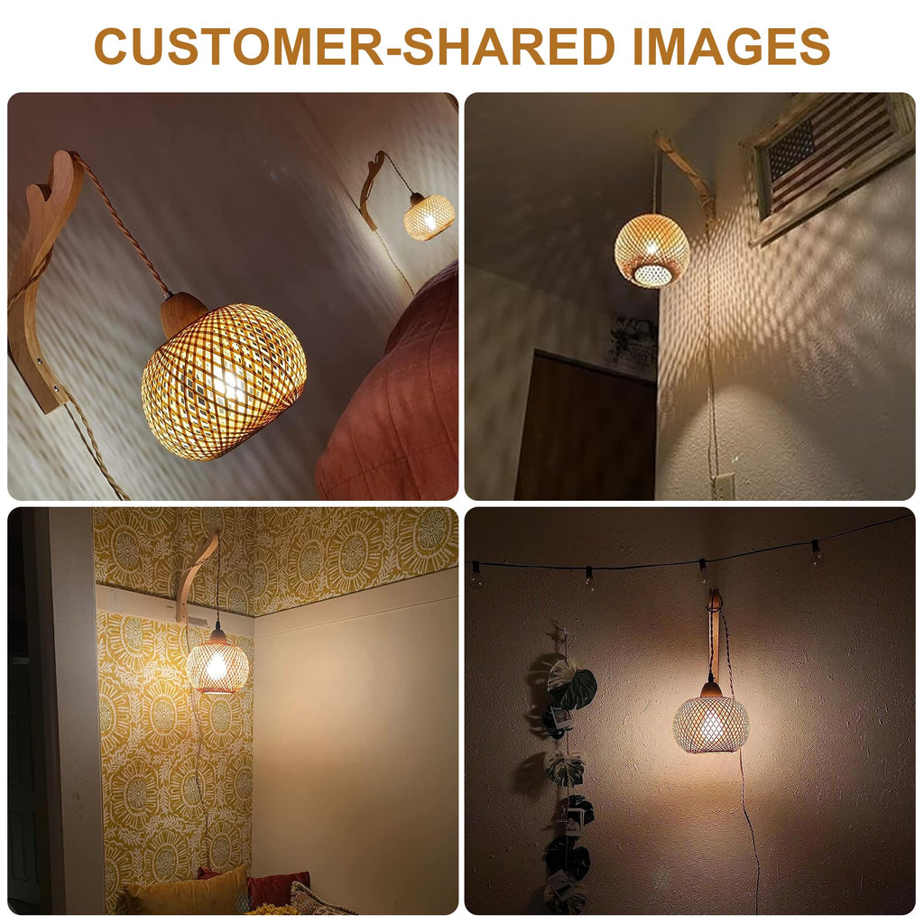 Bamboo Lantern Plug in Wall Sconces Wicker Wall Lamp with Plug in Cord Hand Woven Rattan Wall Light Farmhouse Rustic