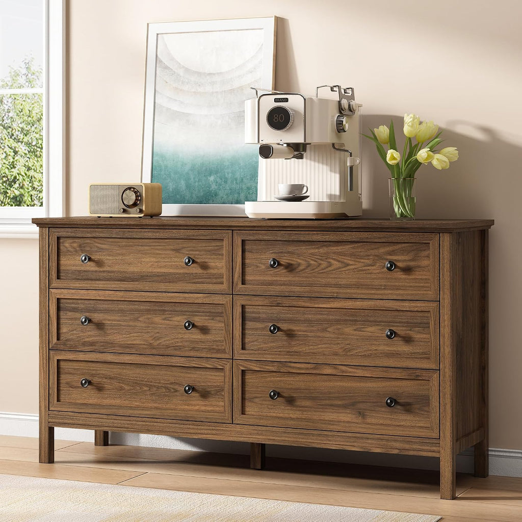 55'' Walnut Dresser with 6 Drawers , Wood Dresser Natural Modern Chest of Drawer with Handles Solid Wood Legs, Large