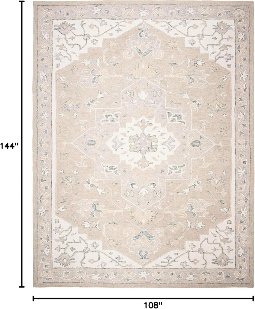 Micro-Loop Area Rug - 9' x 12', Light Grey & Ivory, Handmade Medallion Wool