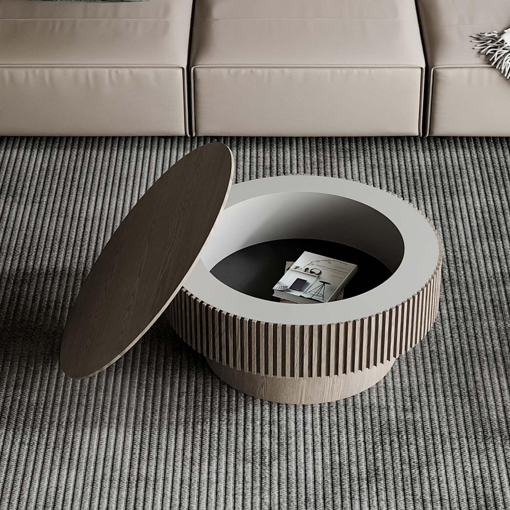 Round Coffee Table with Storage, Modern Wooden Coffee Table