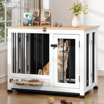 31.5" Dog Crate Furniture with Detachable Tray & 360° Rotating Feeder