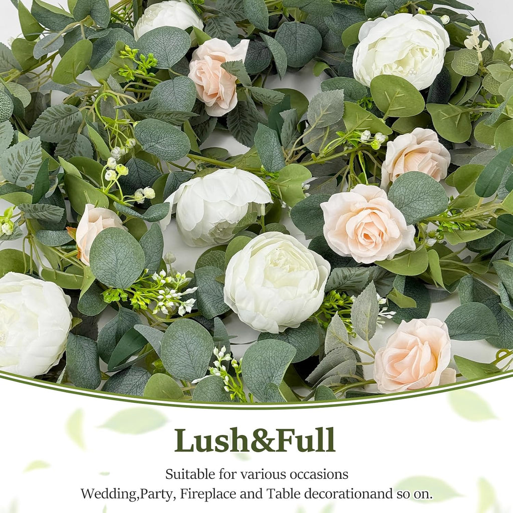 Eucalyptus Garland Flower Garland , 6FT Pink Peony Rose, Artificial Faux Eucalyptus Leaves Greenery Vines - Set of 2