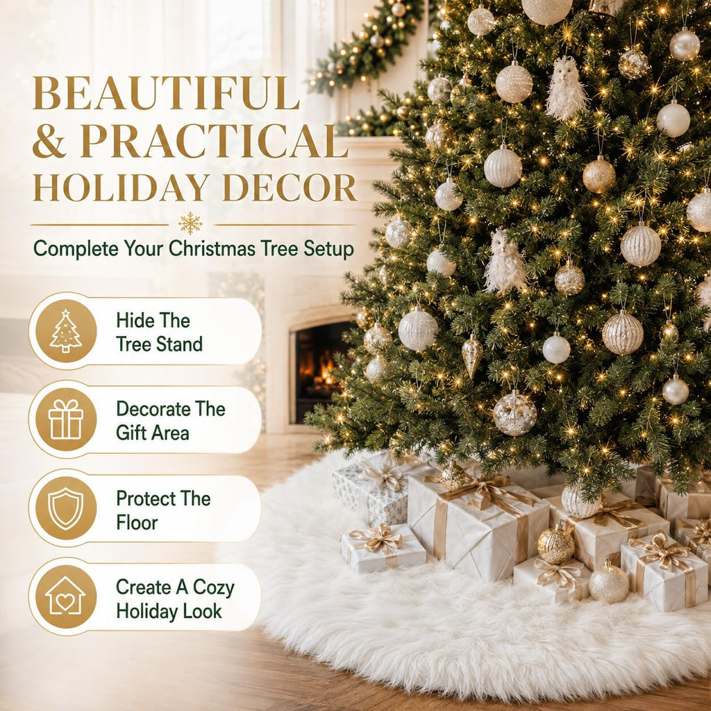48 Inch White Faux Fur Christmas Tree Skirt, Luxury Plush Tree Base Cover and Home Christmas Decor