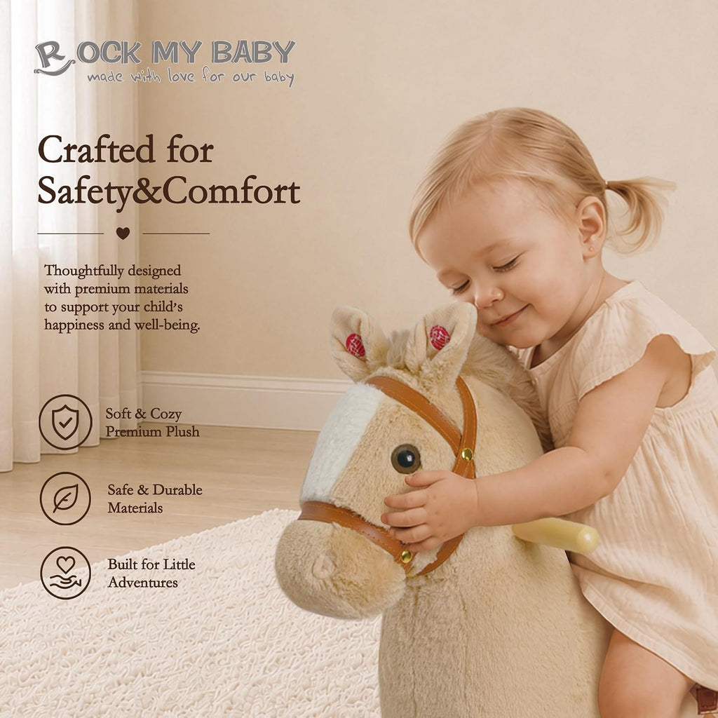 My Baby Rocking Horse for Toddlers 18M+, Light Brown Plush Ride-On Horse Toy with Realistic Galloping Sounds