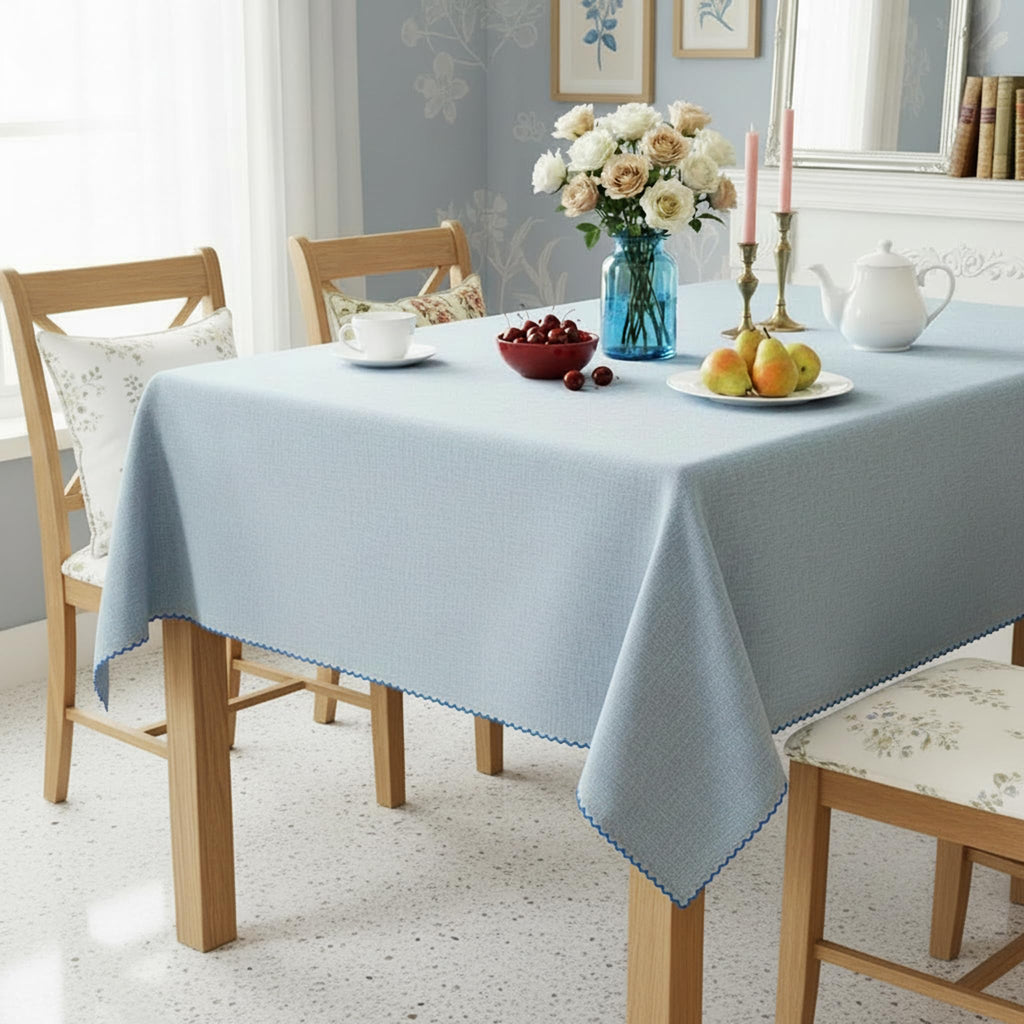 Cotton Tablecloth 60 x 90 Inch Rectangle - Sky Blue Table Cloth with Embroidered Edge Trim - Table Cover, Farmhouse