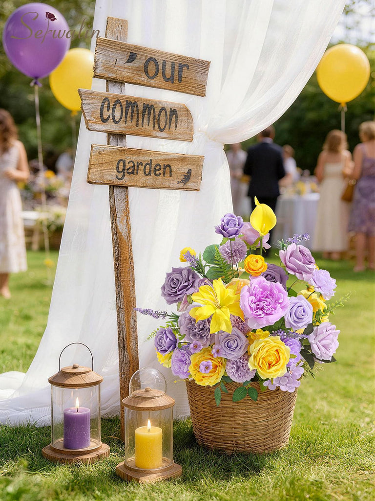 Artificial Yellow & Purple Flowers Silk Fake Rose Flower for Decor