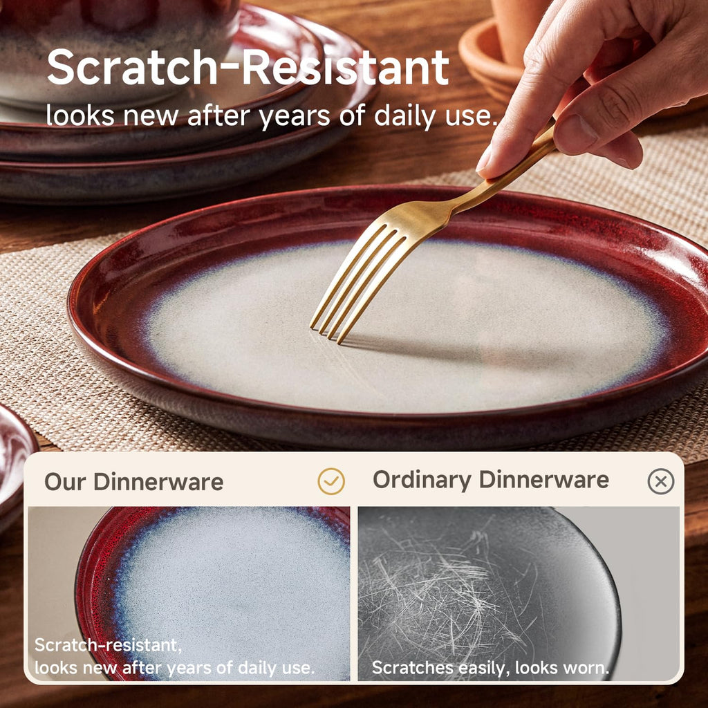 Dinnerware Set for 8, Red Reactive Glaze Plates and Bowls Sets