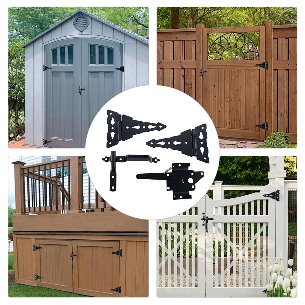 Heavy Duty Wood Gate Kit, 8 Inch Decorative T Hinge and Spring Loaded Latch Gate Kit with Screws for Wooden Fence Shed