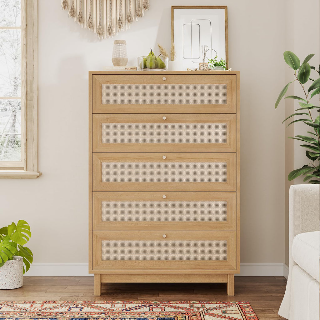 Rattan Dresser, 5 Drawer Dresser with Natural Rattan Drawers, Wooden Tall Cabinet with Gold Handles, Modern Closet