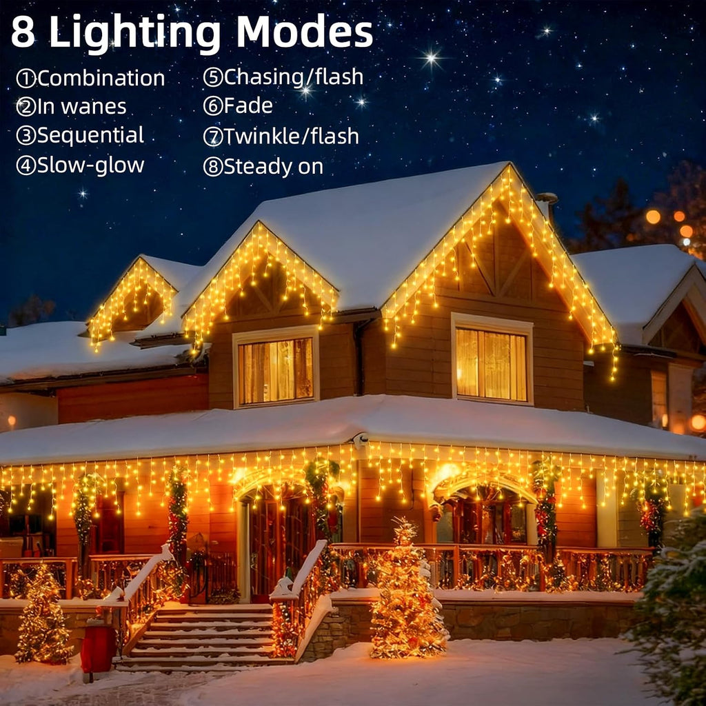 Outdoor Icicle Lights - 480 LED 66+33 FT 8 Modes Curtain Fairy String Light Plug , Waterproof for Eaves Yard