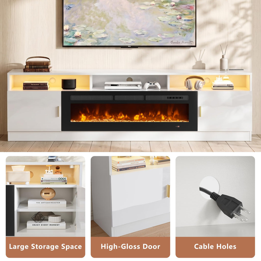 90" Fireplace TV Stand for TVs up to 100", Modern Entertainment Center with 36" Electric Fireplace, Built-in Power