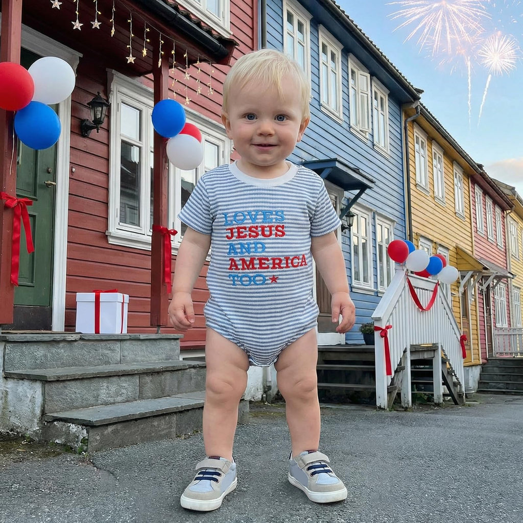 4th Of July Baby Boy Outfit Newborn Infant Waffle Short Sleeve Bubble Romper Toddler Cute Summer Patriotic Clothes (C