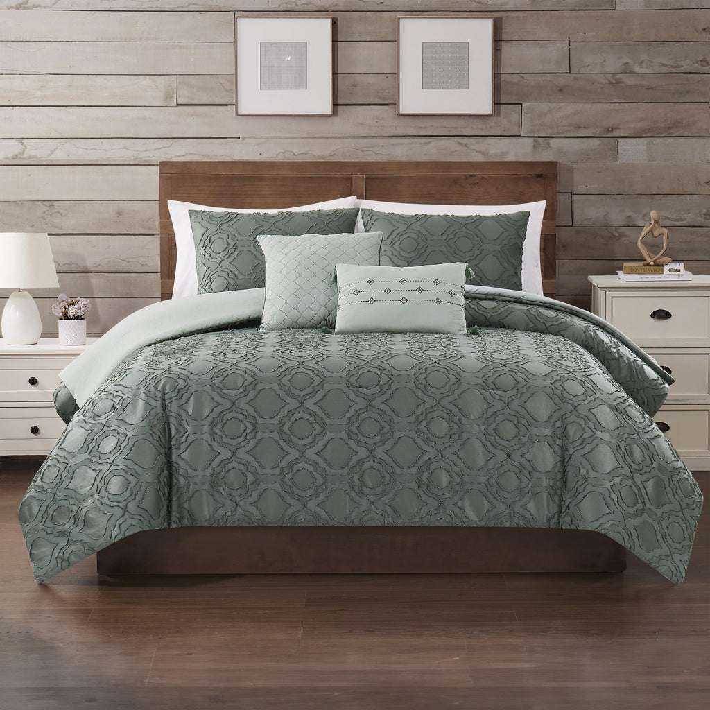 5-Piece Jacquard Comforter Set, Samson Queen in Ivy Green - Elegant Comforter, 2 Pillow Shams, and 2 Decorative
