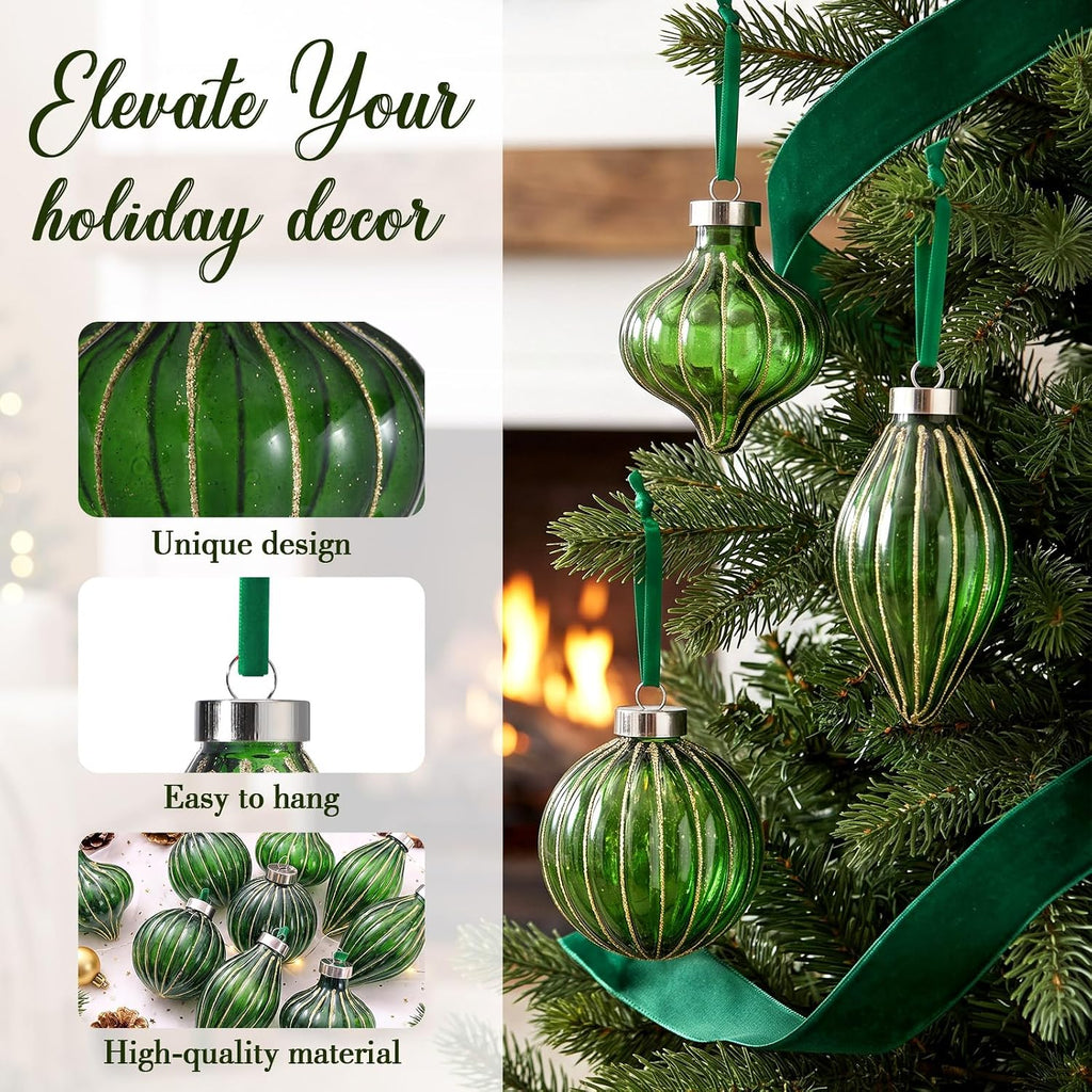 Vintage Neutral Christmas Ball Ornaments, Dark Green - Set of 9