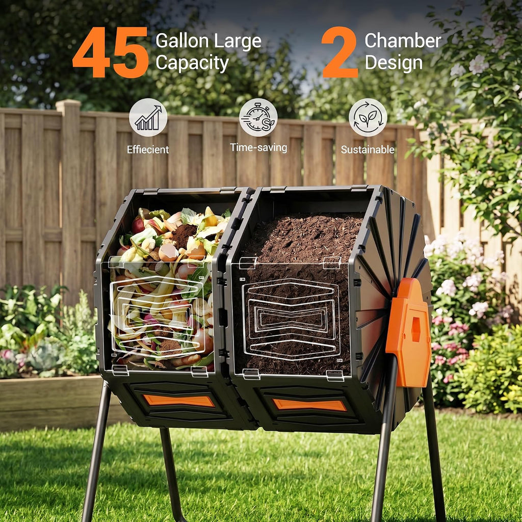 Composter Tumbler Outdoor, 45Gal Dual Chamber Batch Rotating Compost Tumbler, Easy Assembly/UV Resistant/BPA-Free/HOA