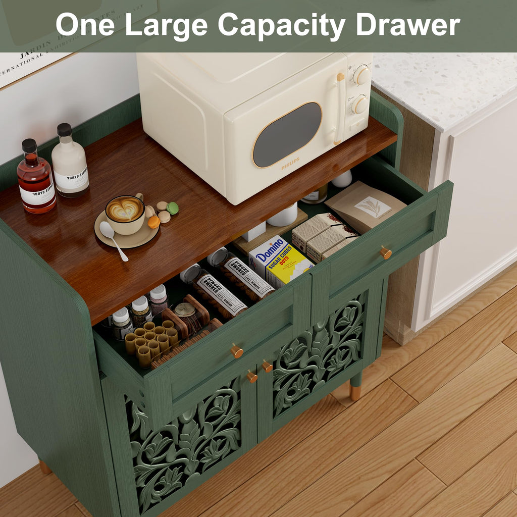 2 Door Retro Carving Sideboard Buffet Cabinet with 1 Drawer, Green
