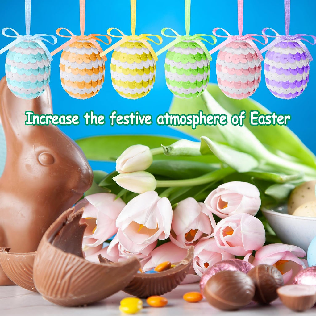 Easter Hanging Sequin Eggs, 1.6" Stripes Easter Eggs Ornaments with Bow, Glitter Spring Hanging Egg Tree - Set of 30