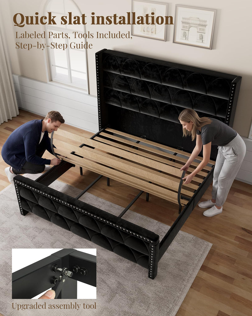 King Size Bed Frame with 56" Headboard - Velvet Upholstered Wingback Platform Bed Frame, Noise Free, Sturdy Wooden