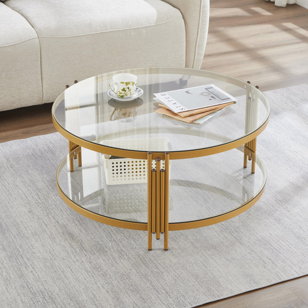 36" Round Glass Coffee Table, Gold Circle Coffee Table with Storage